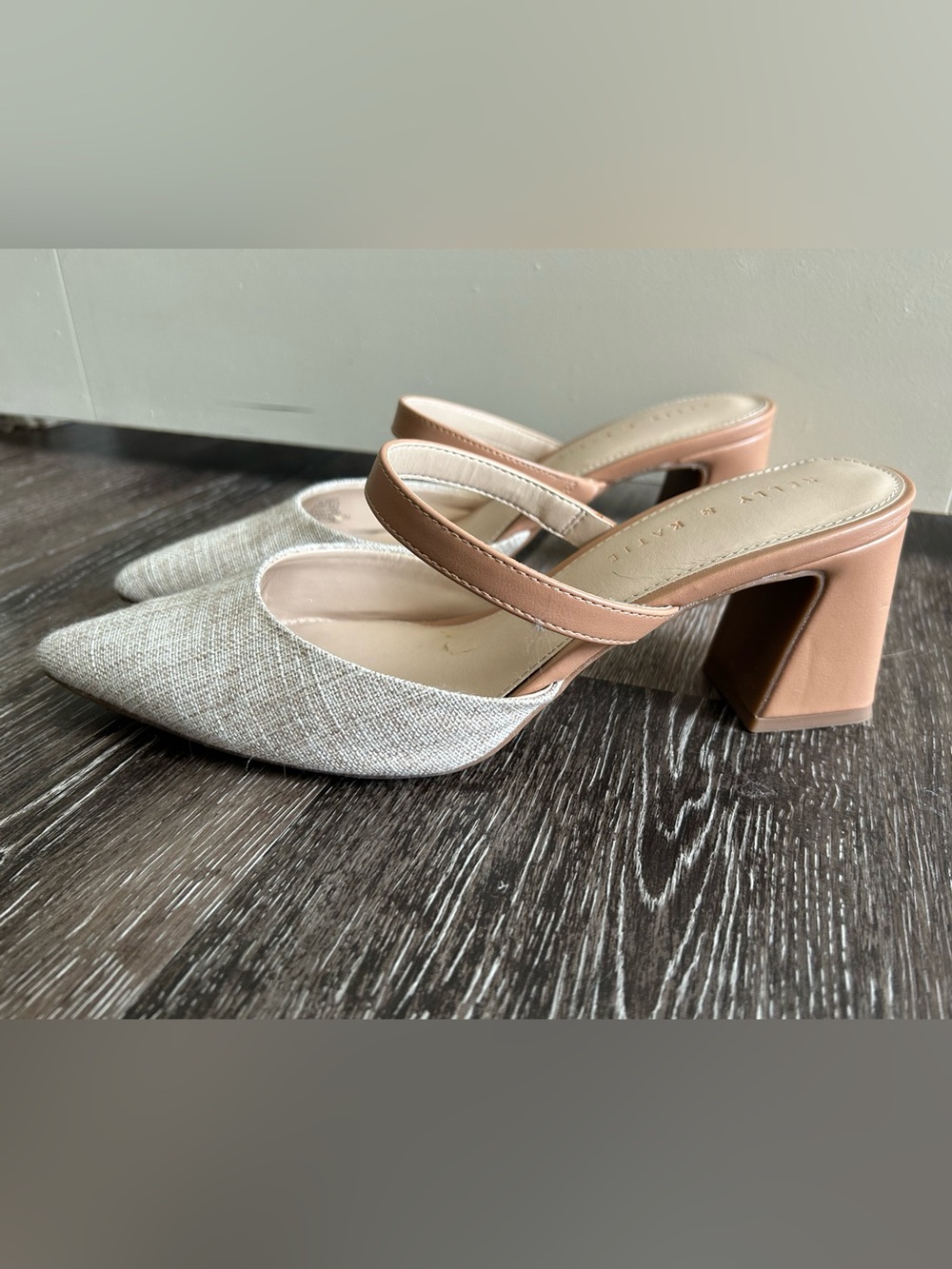 Kelly & Katie Pointed Linen Mules with Tan Block Heel